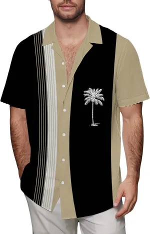 Men's Bowling Shirts Trendy Tropical Palm Hawaiian Beach Aloha Shirt Quick Dry Breathable Summer Casual Striped Blouse