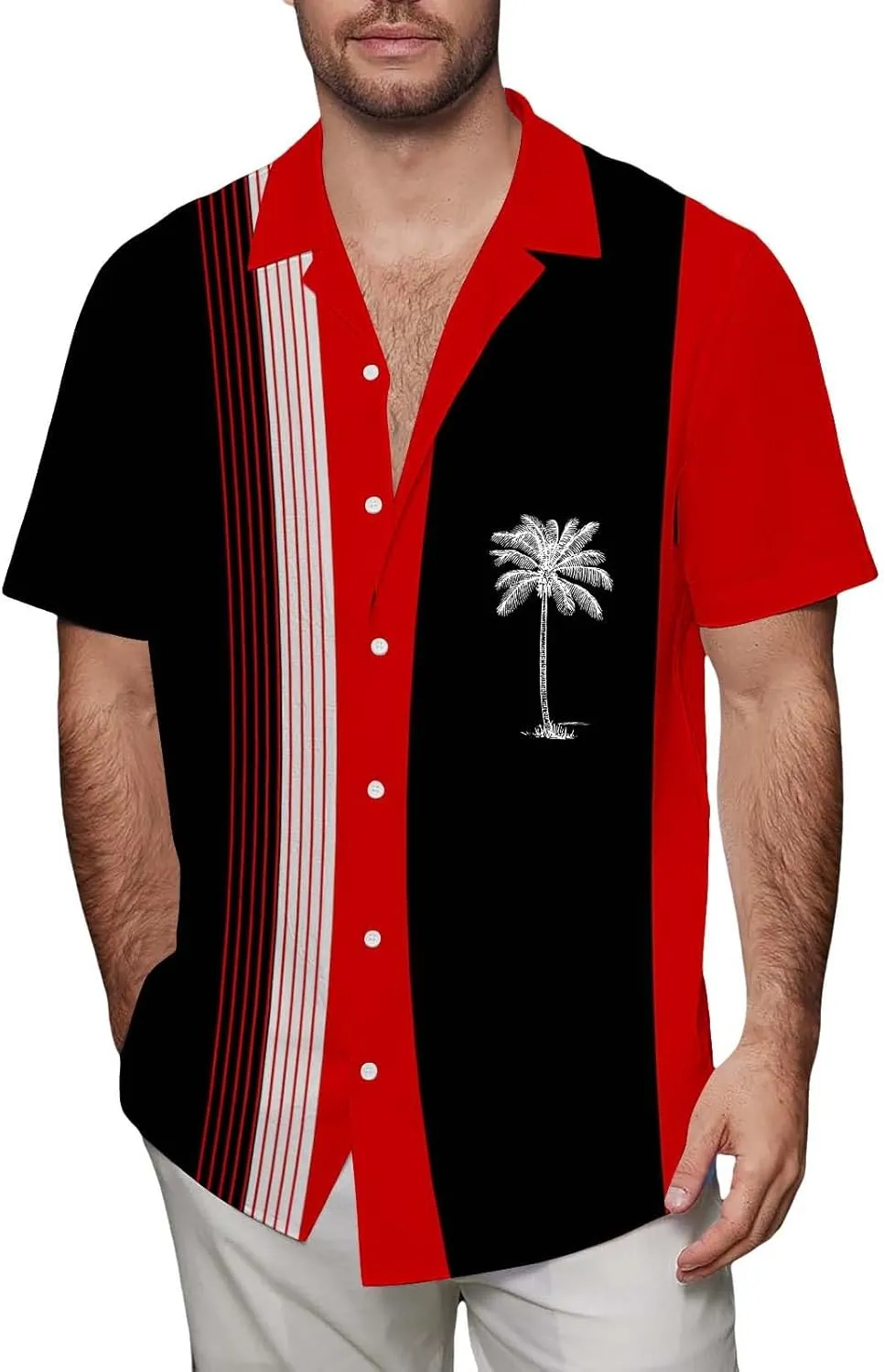 Men's Bowling Shirts Trendy Tropical Palm Hawaiian Beach Aloha Shirt Quick Dry Breathable Summer Casual Striped Blouse