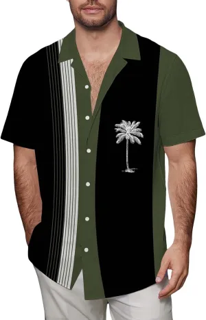 Men's Bowling Shirts Trendy Tropical Palm Hawaiian Beach Aloha Shirt Quick Dry Breathable Summer Casual Striped Blouse