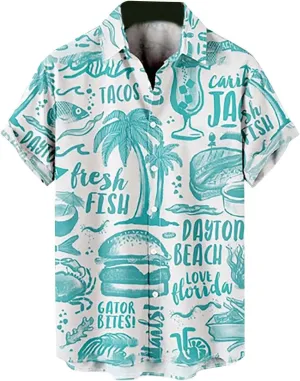 Mens Bowling Shirts Trendy Tropical Palm Print Short Sleeve Button Down Aloha Shirt Summer Hawaiian Beach Vacation Top