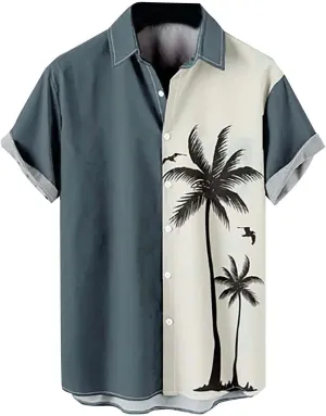 Mens Bowling Shirts Trendy Tropical Palm Print Short Sleeve Button Down Aloha Shirt Summer Hawaiian Beach Vacation Top