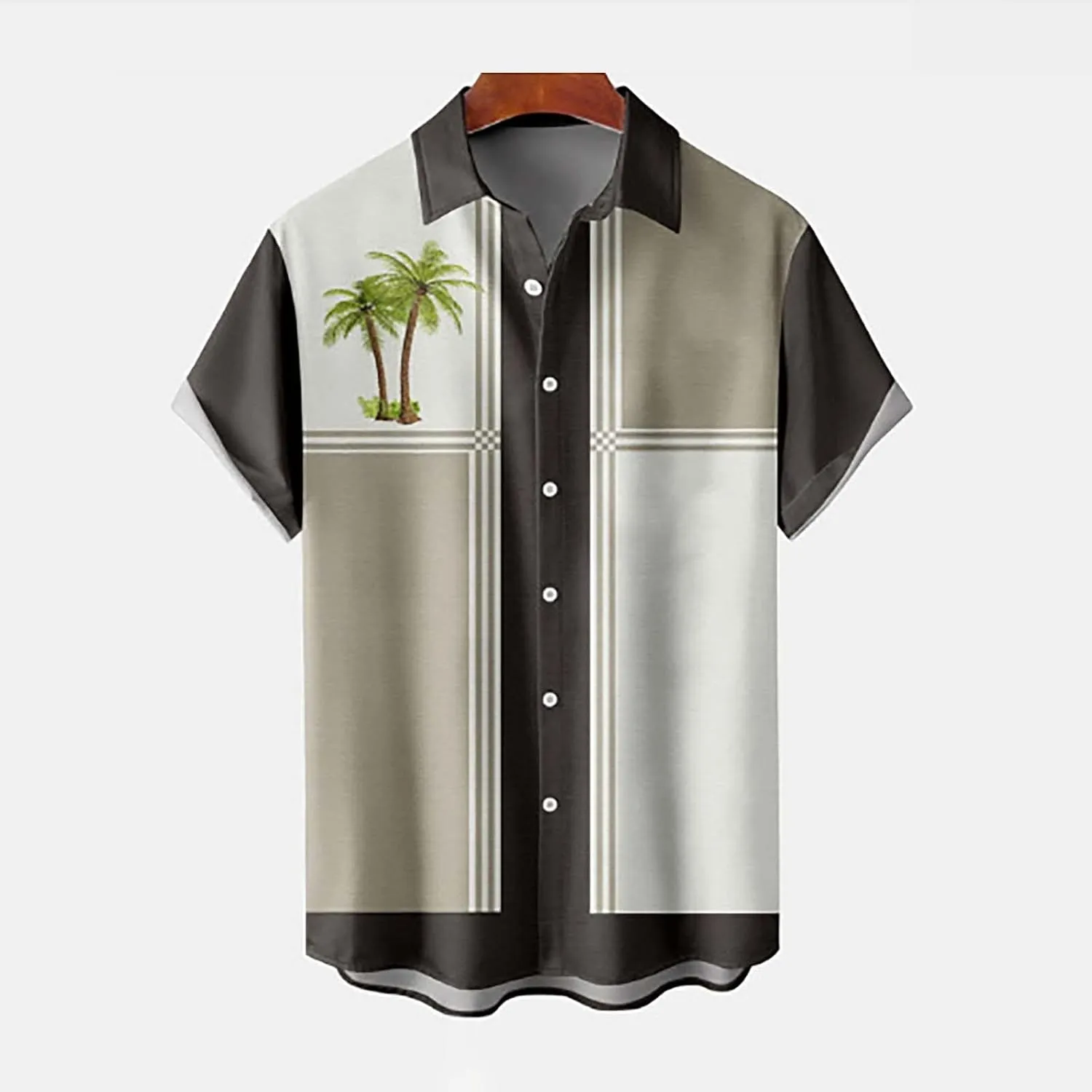 Mens Bowling Shirts Trendy Tropical Palm Print Short Sleeve Button Down Aloha Shirt Summer Hawaiian Beach Vacation Top