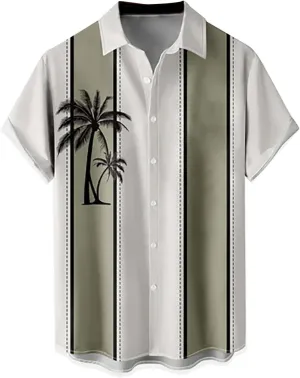 Mens Bowling Shirts Trendy Tropical Palm Print Short Sleeve Button Down Aloha Shirt Summer Hawaiian Beach Vacation Top