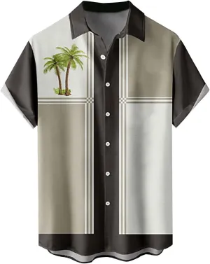 Mens Bowling Shirts Trendy Tropical Palm Print Short Sleeve Button Down Aloha Shirt Summer Hawaiian Beach Vacation Top