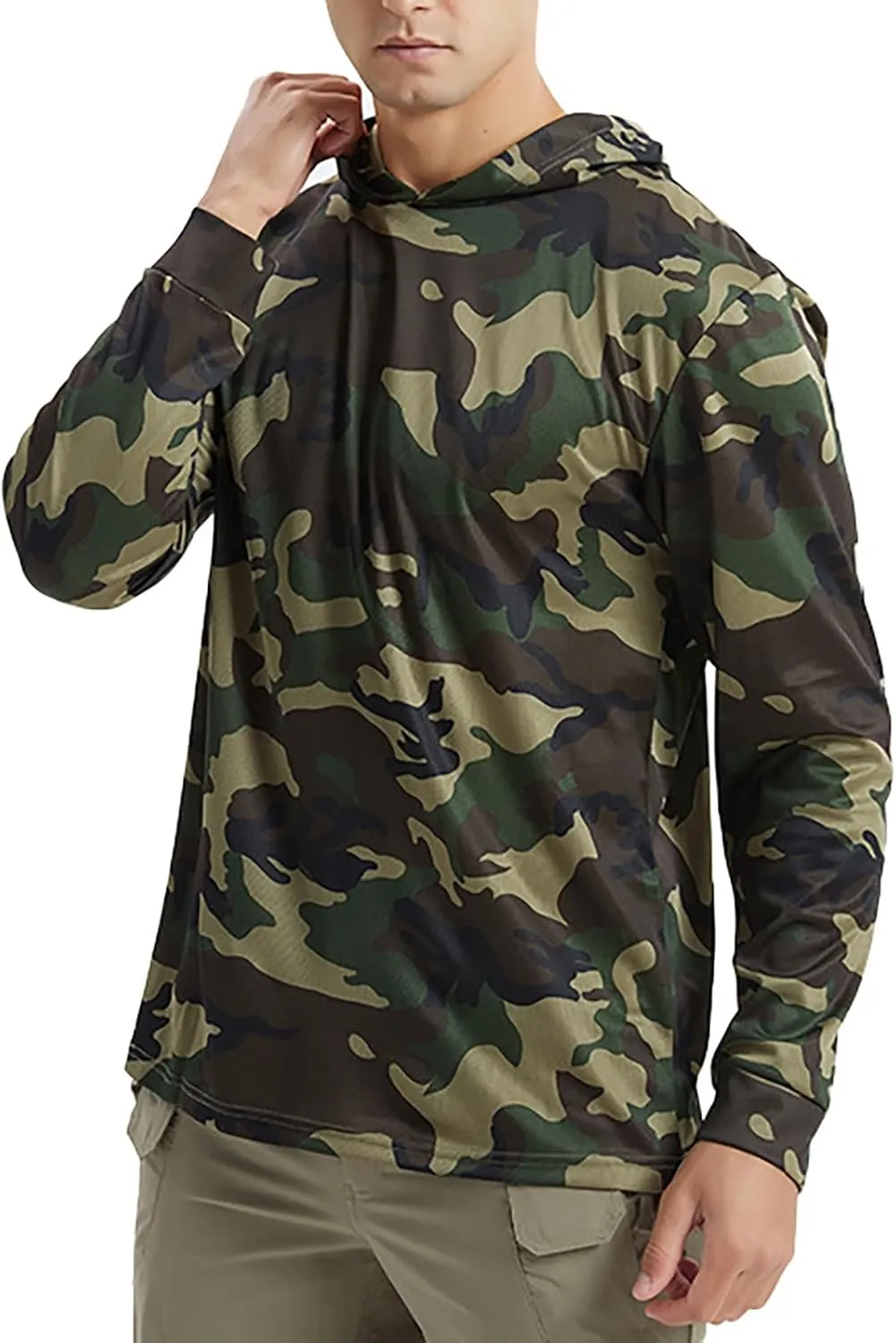 Mens Breathable Sun Shirt UPF 50  Outdoor Camo Hooded Fishing Hiking Shirts Summer Quick Dry Long Sleeve Sun Hoodies