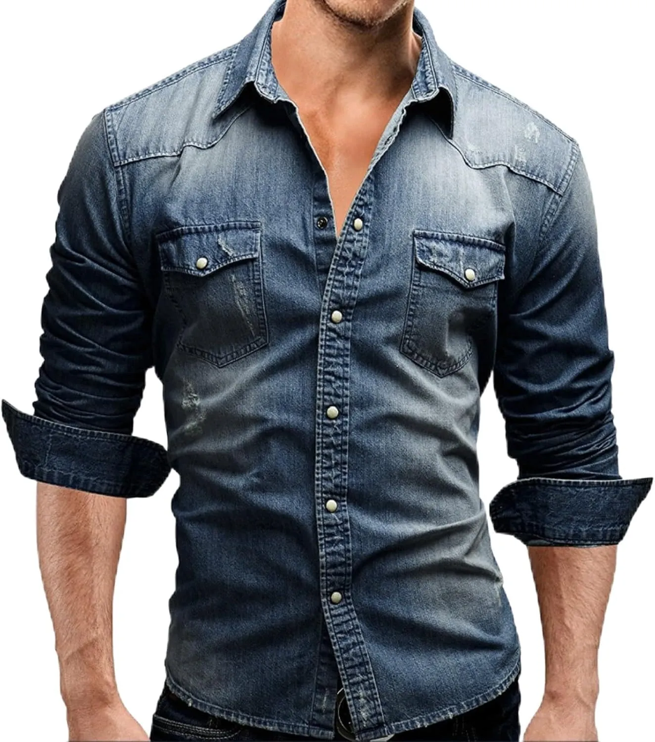 Mens Button Down Denim Shirt Fashion Slim Fit Jean Shirts Lapel Washed Shirt Long Sleeve Button Down Jackets