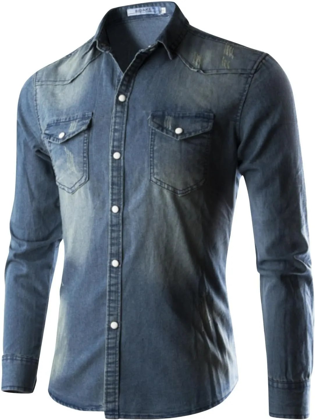 Mens Button Down Denim Shirt Fashion Slim Fit Jean Shirts Lapel Washed Shirt Long Sleeve Button Down Jackets