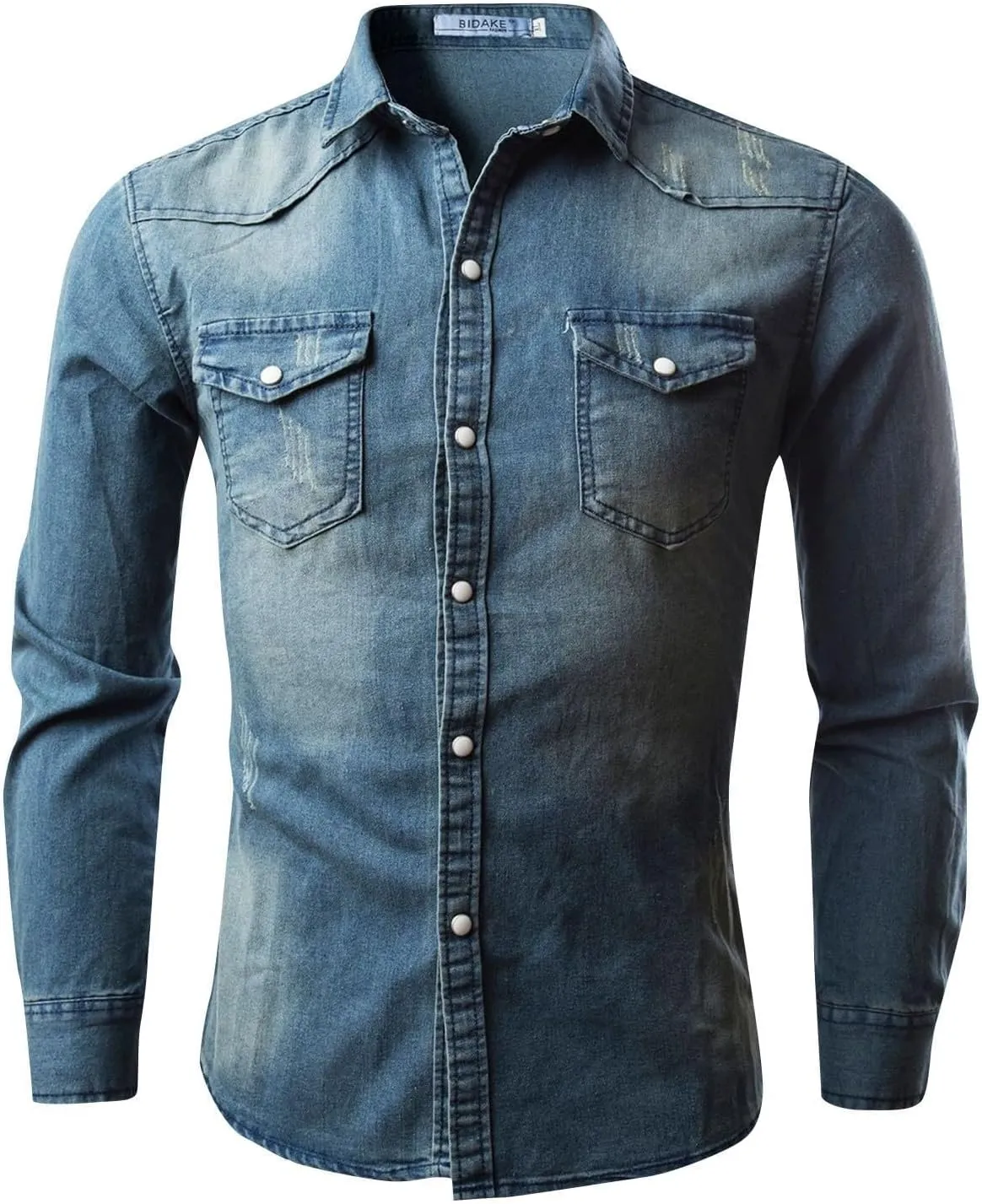 Mens Button Down Denim Shirt Fashion Slim Fit Jean Shirts Lapel Washed Shirt Long Sleeve Button Down Jackets