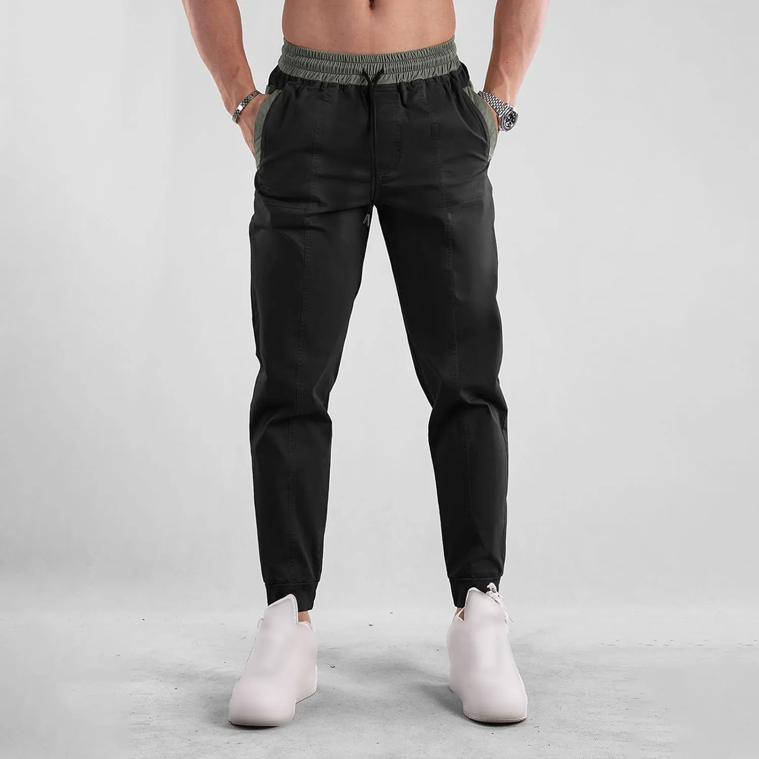 Mens Cargo Pants Loose Drawstring Elastic Waist Tapered Trousers Trendy Cinch Bottom Casual Work Pants with Pockets