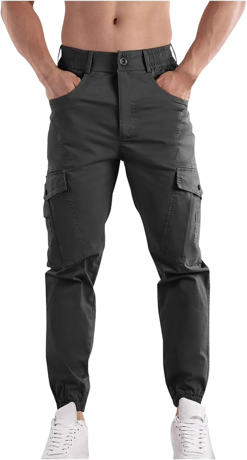 Mens Cargo Pants Multi Pockets Straight Expandable Waist Trousers Solid Cinch Bottom Pants Cotton Athletic Pants
