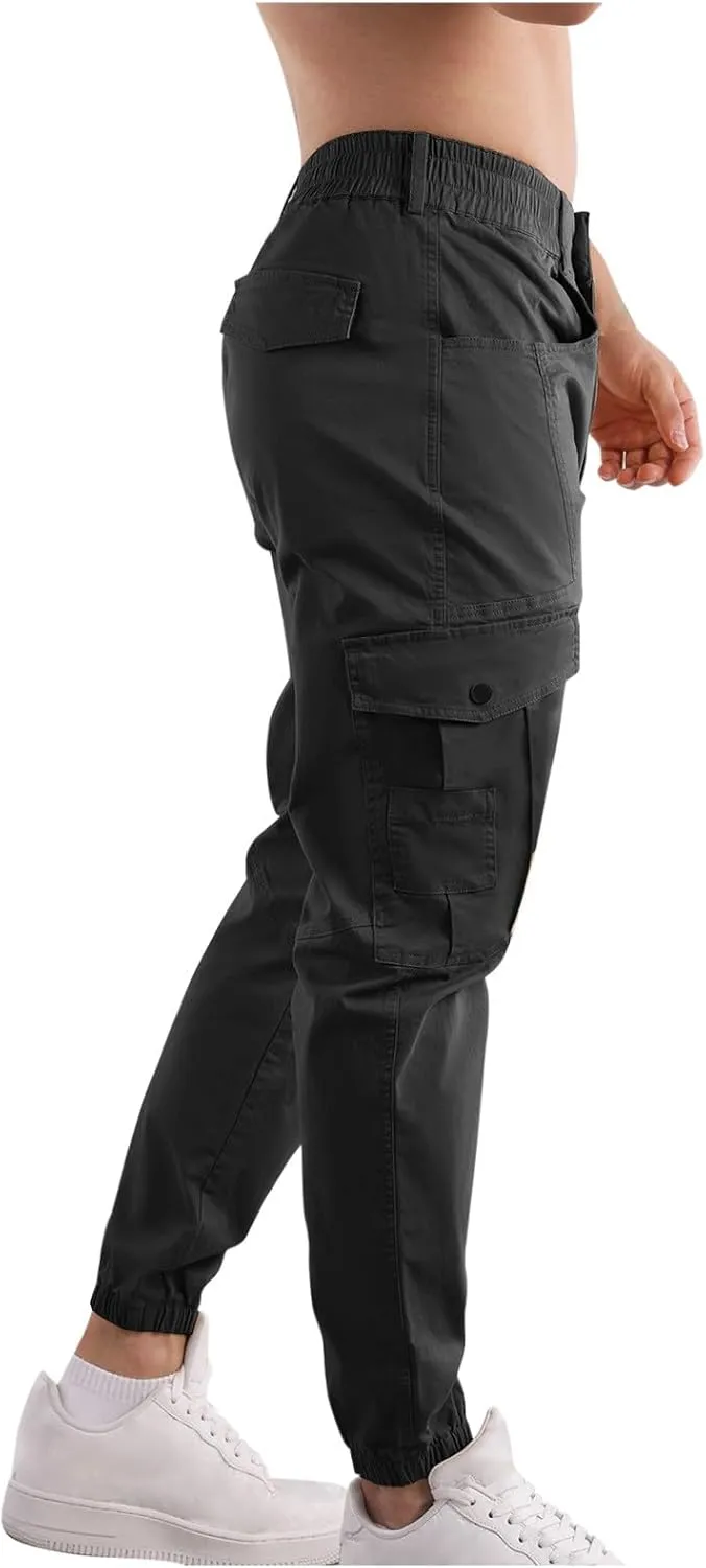 Mens Cargo Pants Multi Pockets Straight Expandable Waist Trousers Solid Cinch Bottom Pants Cotton Athletic Pants