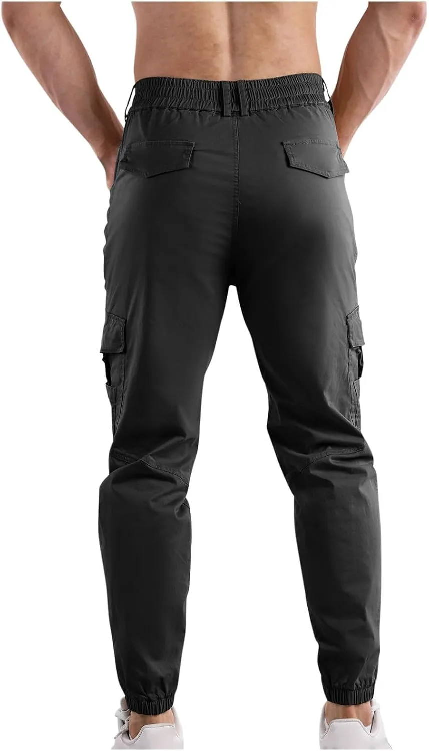 Mens Cargo Pants Multi Pockets Straight Expandable Waist Trousers Solid Cinch Bottom Pants Cotton Athletic Pants