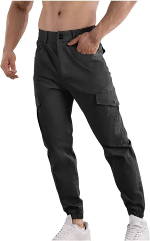 Mens Cargo Pants Multi Pockets Straight Expandable Waist Trousers Solid Cinch Bottom Pants Cotton Athletic Pants