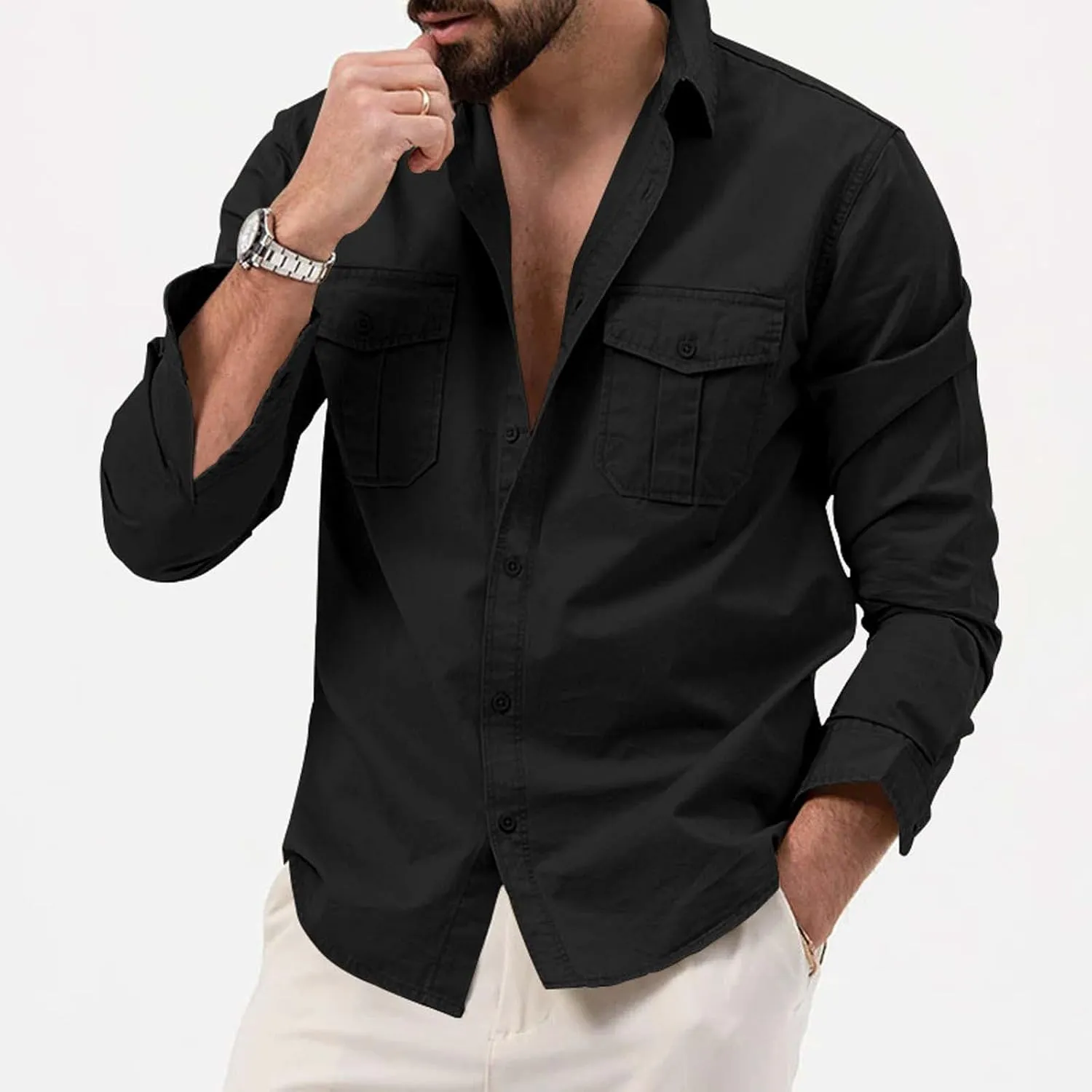 Mens Casual Button Down Shirt Loose Long Sleeve Cargo Work Shirts Travel Hunting Fishing Blouse Tees with 2 Pocket