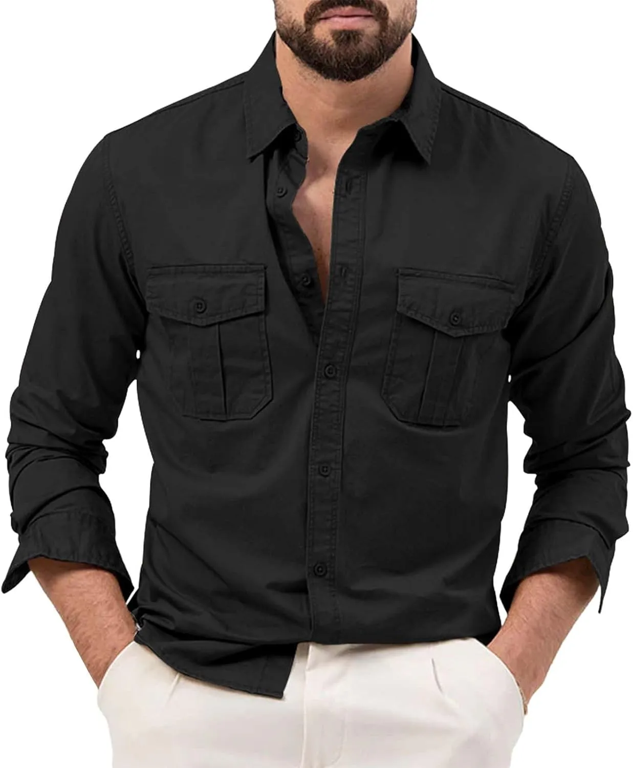 Mens Casual Button Down Shirt Loose Long Sleeve Cargo Work Shirts Travel Hunting Fishing Blouse Tees with 2 Pocket