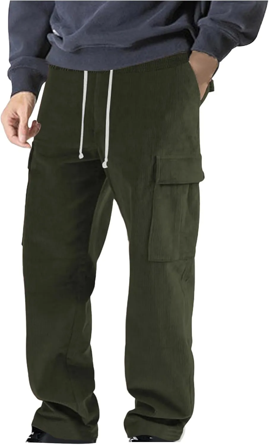 Mens Casual Cargo Pants Multi Pocket Drawstring Loose Trousers Solid Color Elastic Wide Leg Pants Camping Pants