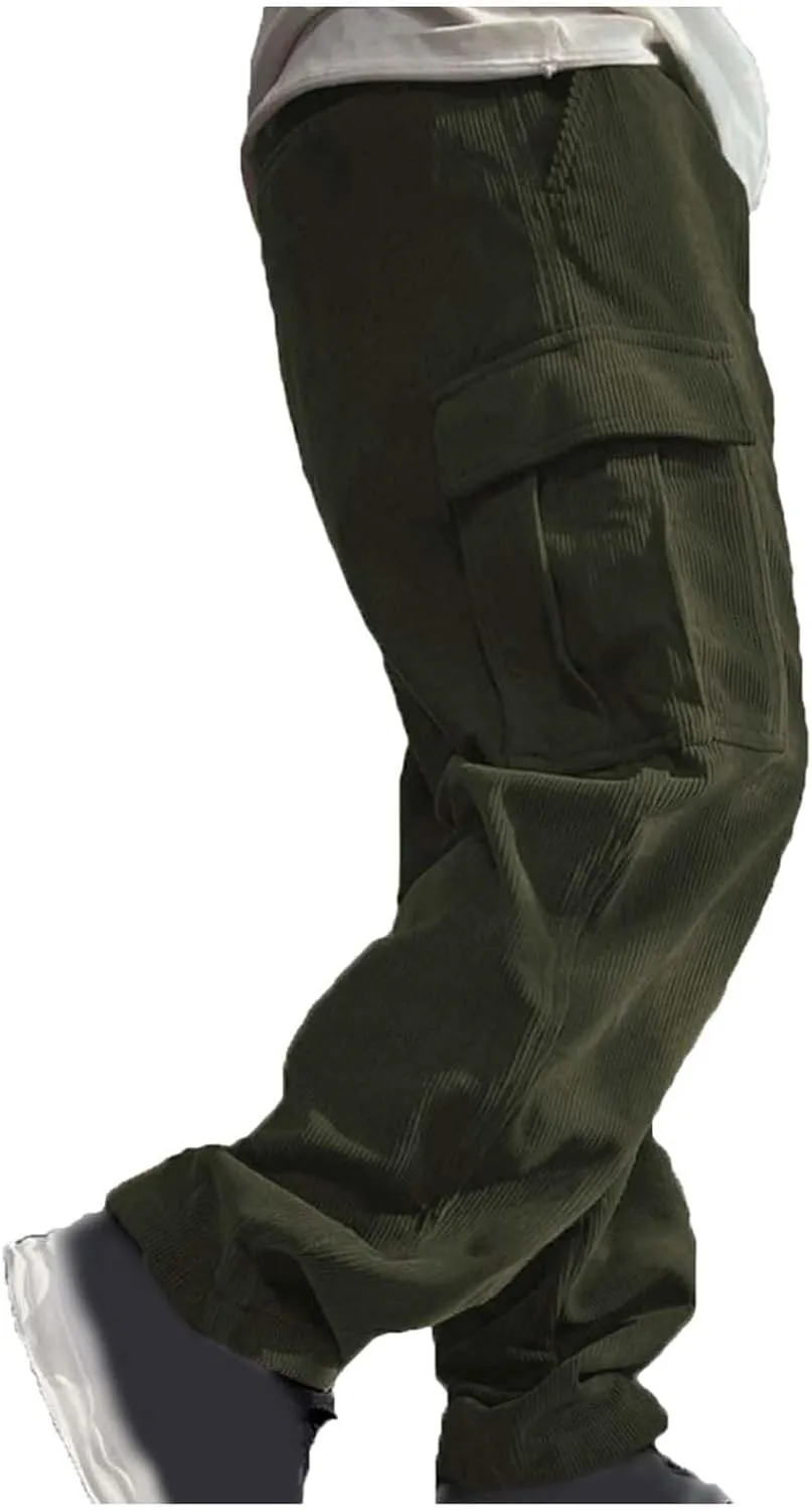 Mens Casual Cargo Pants Multi Pocket Drawstring Loose Trousers Solid Color Elastic Wide Leg Pants Camping Pants