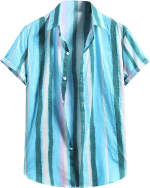 Men's Casual Color Striped Button Down Shirt Lightweight Short Sleeve Henley Dress Shirt Regular Fit Summer Beach Top