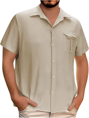 Men's Casual Cotton Linen Shirts Short Sleeve Button Down Shirt Summer Beach Tops Vacation Wedding Party Outfits