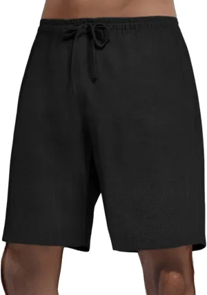 Mens Casual Cotton Linen Shorts - Elastic Waist Drawstring Summer Beach Shorts with Pockets, Light Weight Workout Pants