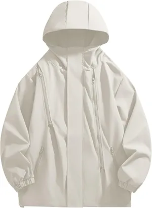 Mens Casual Hooded Jacket Performance Waterproof Windproof Lightweight Coat Long Sleeve Zipper Outdoor Sport Jacket