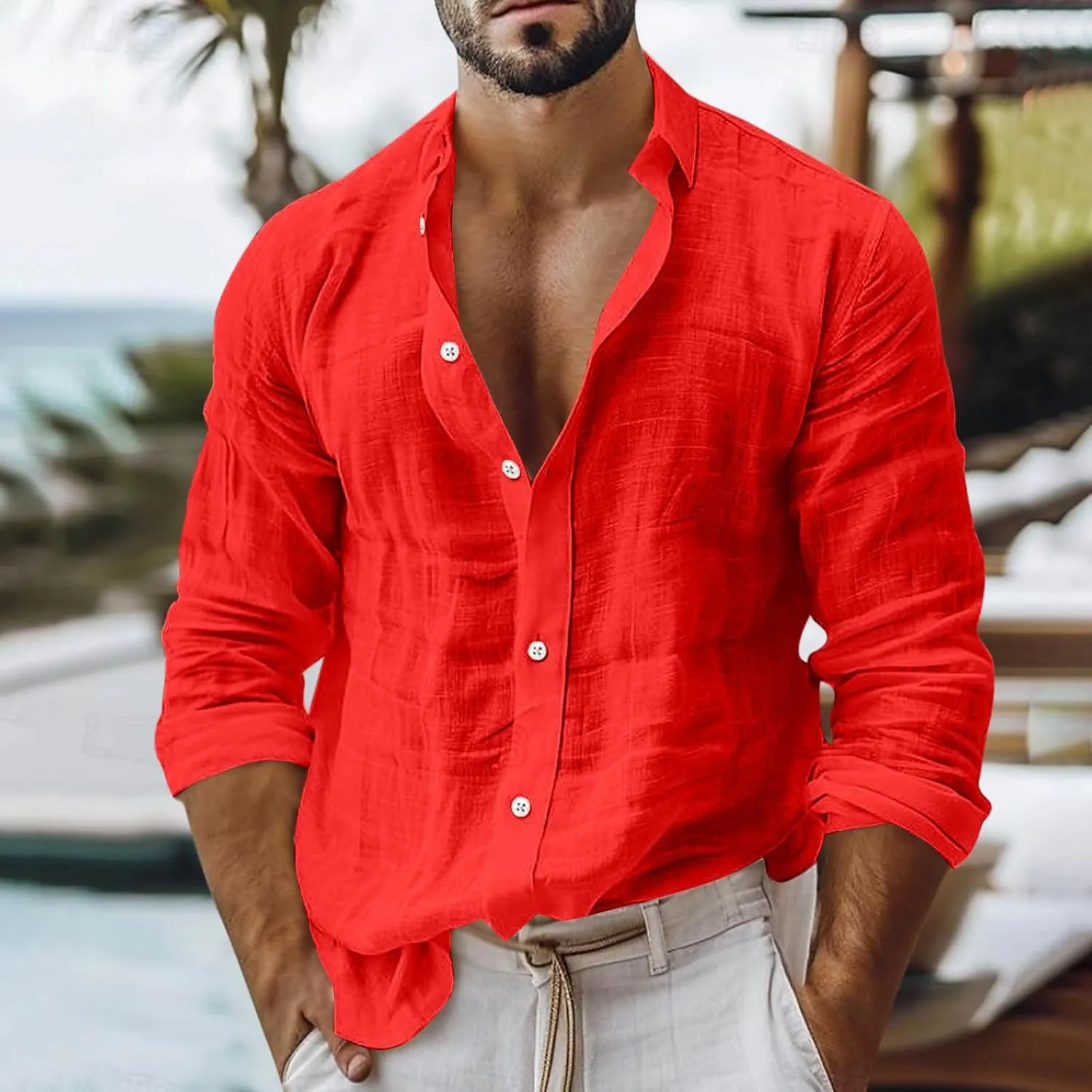 Mens Casual Linen Shirts 2025 Trendy Long Sleeve Button Down Lapel Summer Fashion Beach Outfit Baggy Vacation Tee Top