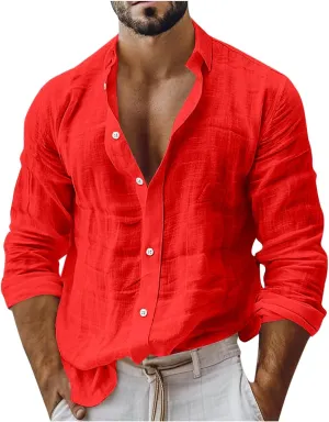 Mens Casual Linen Shirts 2025 Trendy Long Sleeve Button Down Lapel Summer Fashion Beach Outfit Baggy Vacation Tee Top