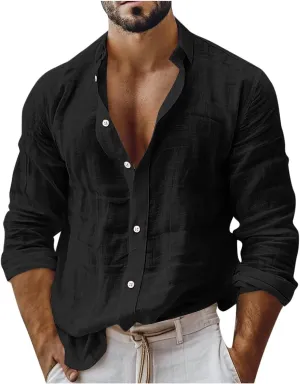 Mens Casual Linen Shirts 2025 Trendy Long Sleeve Button Down Lapel Summer Fashion Beach Outfit Baggy Vacation Tee Top