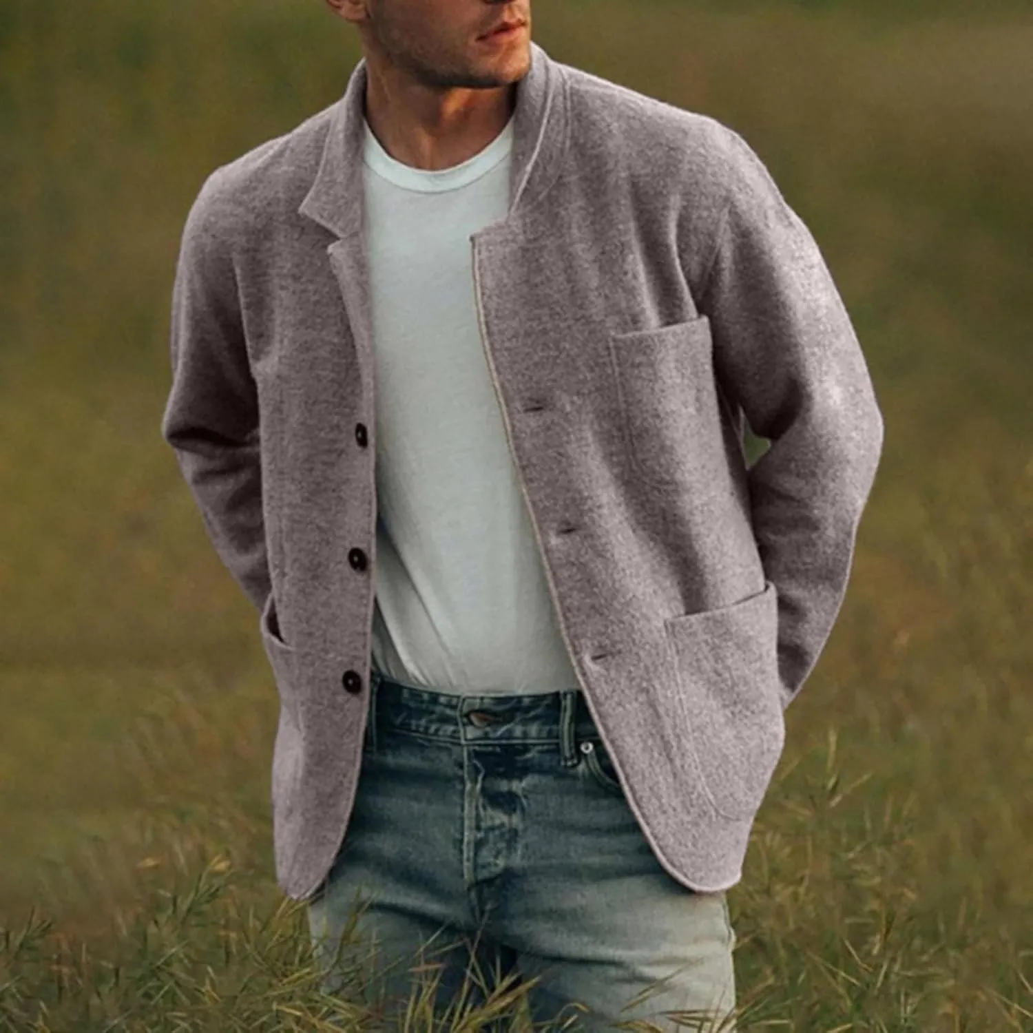 Mens Casual Open Front Cardigan Sweaters Lapel Collar Button Closure Solid Color Long Sleeve Cotton Knit Blazer Jackets