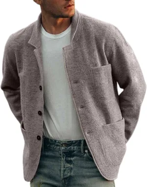 Mens Casual Open Front Cardigan Sweaters Lapel Collar Button Closure Solid Color Long Sleeve Cotton Knit Blazer Jackets