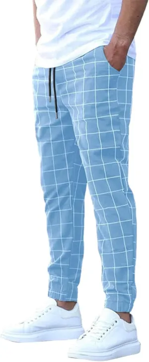 Men's Casual Plaid Pants Drawstring Stretch Dress Pants Slim Fit Skinny Chinos Tapered Business Casual Cinch Pants