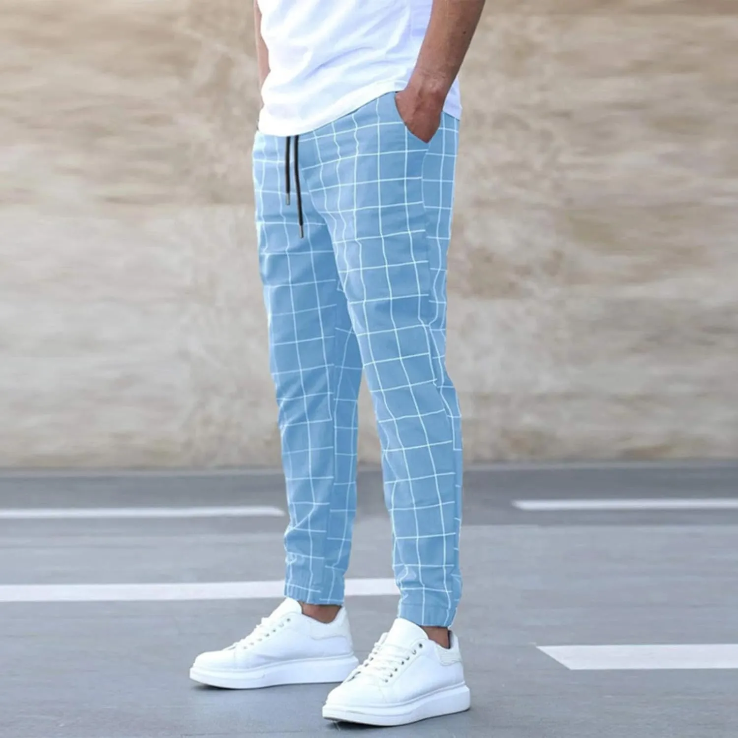 Men's Casual Plaid Pants Drawstring Stretch Dress Pants Slim Fit Skinny Chinos Tapered Business Casual Cinch Pants