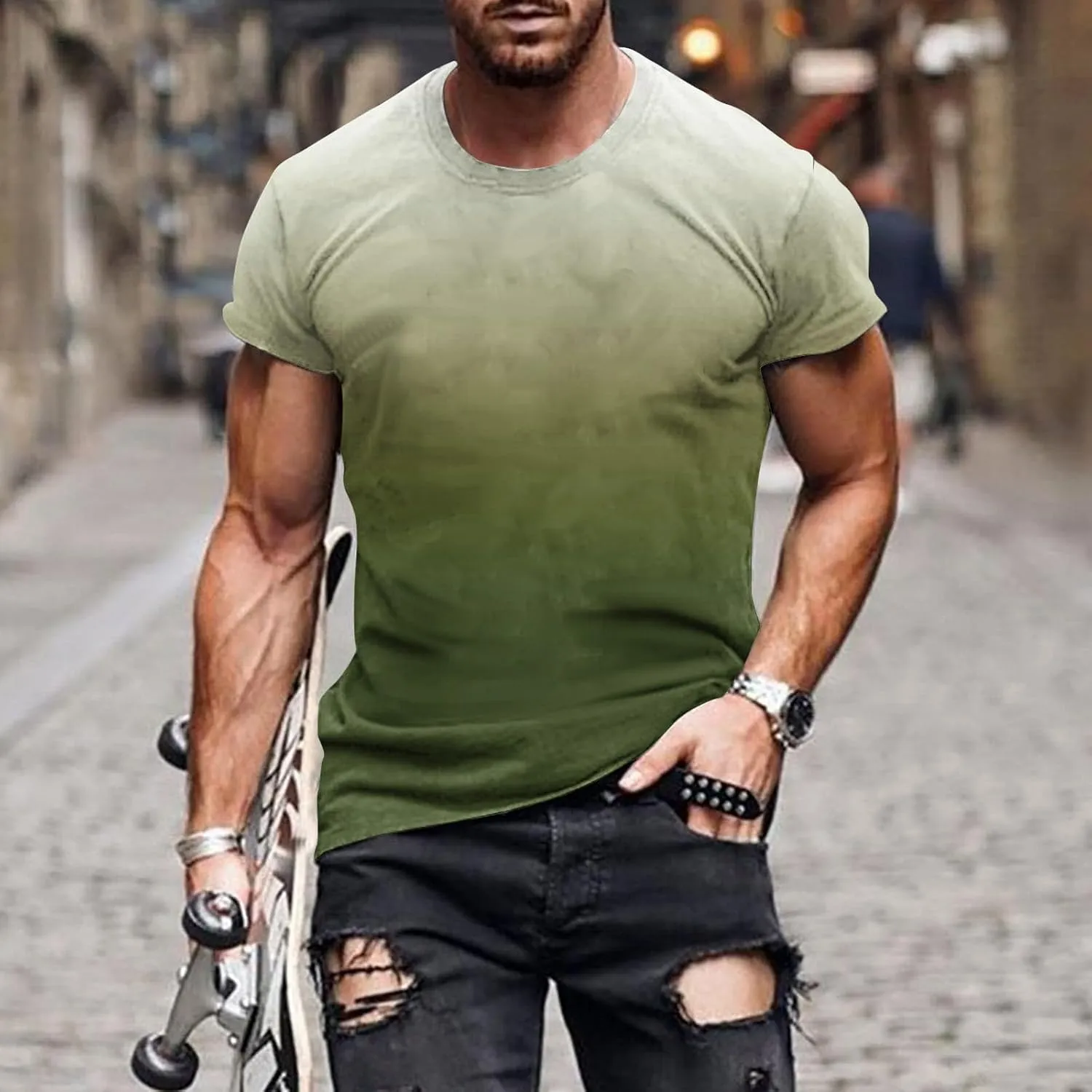 Men's Casual Printed Short Sleeve T Shirt Lightweight Gradient Crewneck Tees Summer Fashion Athletic Gym Tee Shirts