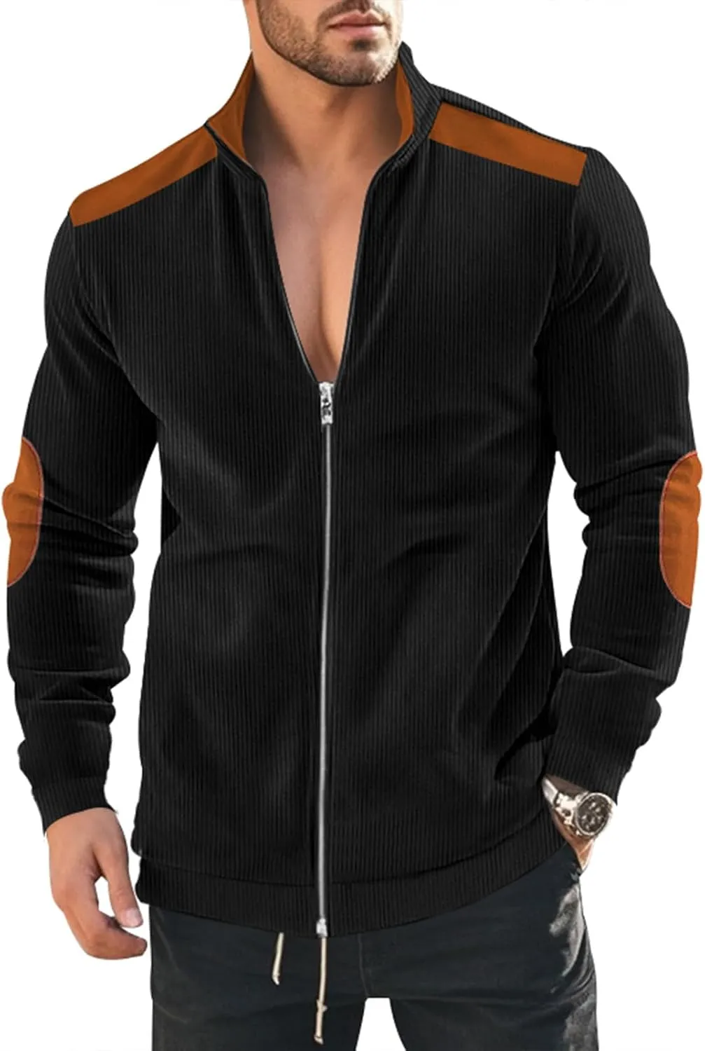 Men's Casual Zipper Corduroy Jacket Corduroy Lapel Long Sleeve Jacket Warm Windproof Tops