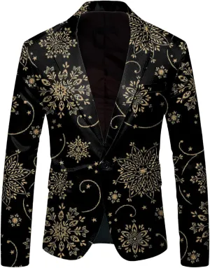 Mens Christmas Printed Blazer One Button 3D Graphic Long Sleeve Suit Jacket Holiday Party Fashion Coat with Pocket