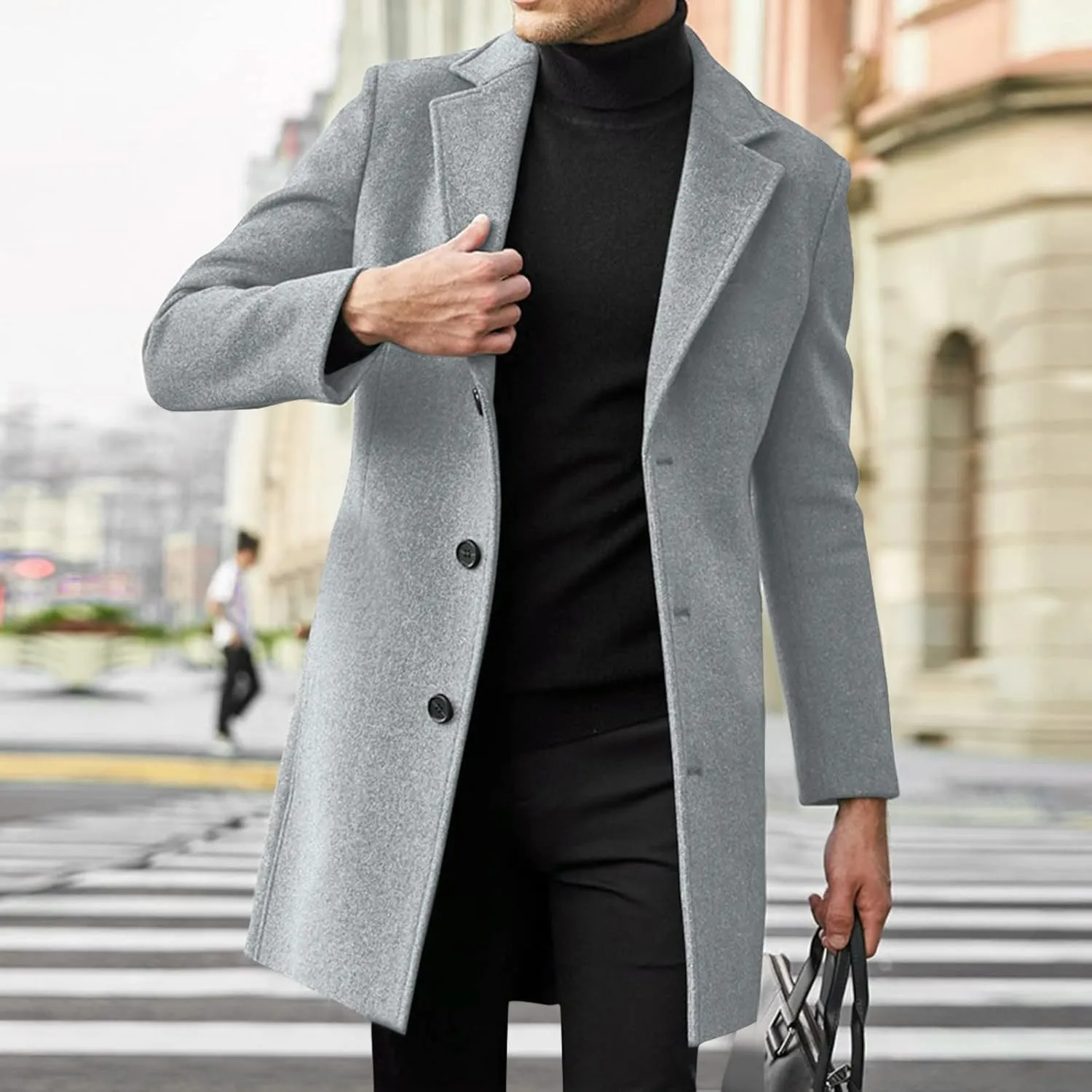 Men's Classic Wool Blend Pea Coat Double Breasted Stand Collar Fashion Trench Coat Oversize Winter Overcoat Peacoat