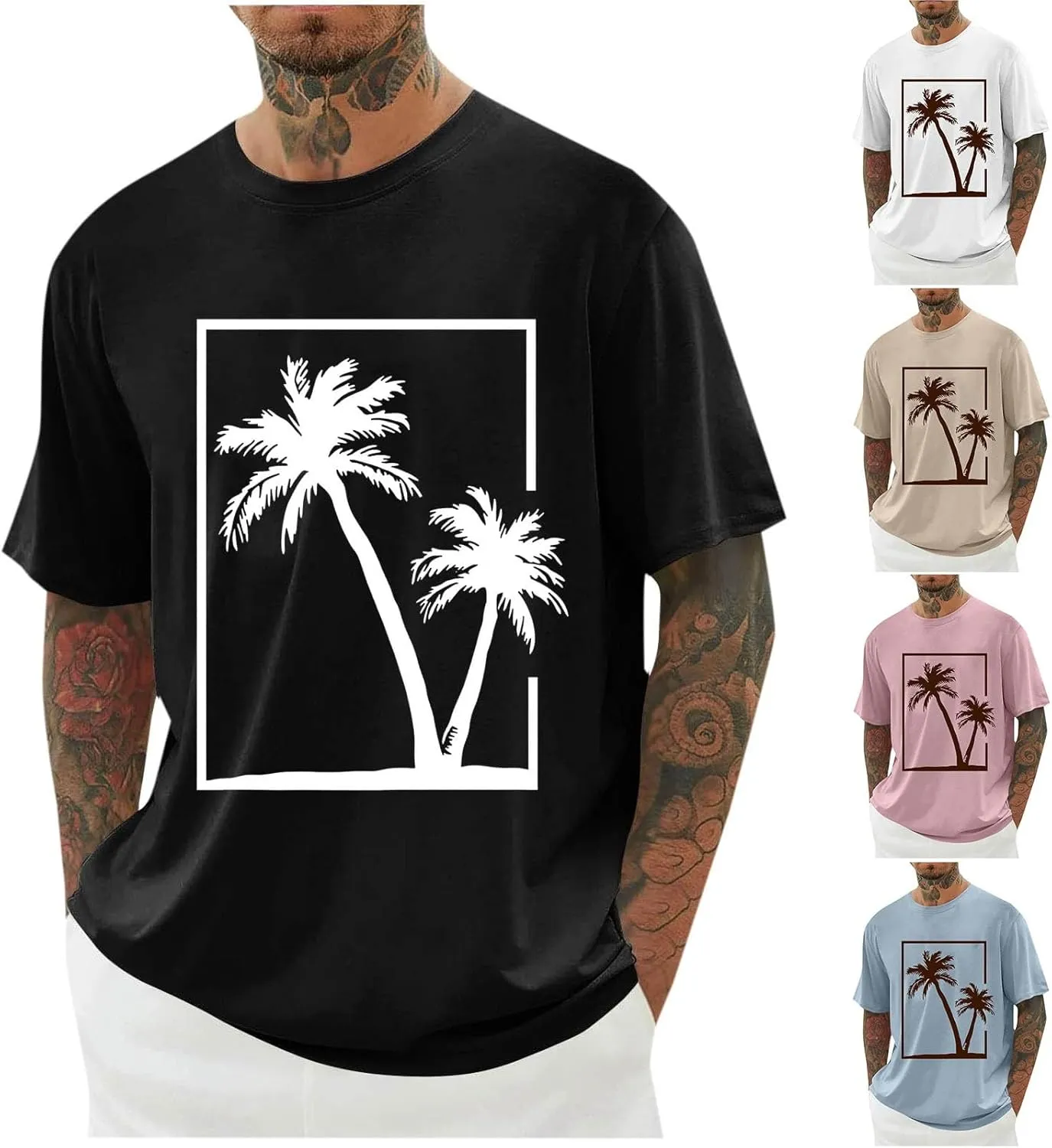 Mens Coconut Tree Print Basic Crewneck T-Shirts - Pullover Loose Short Sleeve Casual Summer Gym Workout Tee Shirt