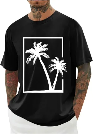 Mens Coconut Tree Print Basic Crewneck T-Shirts - Pullover Loose Short Sleeve Casual Summer Gym Workout Tee Shirt