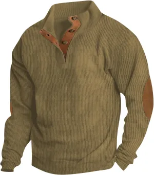 Mens Corduroy Shirt with Elbow Patches Lapel Collar Button Up Pullover Long Sleeve Sweaters Polo Sweatshirts