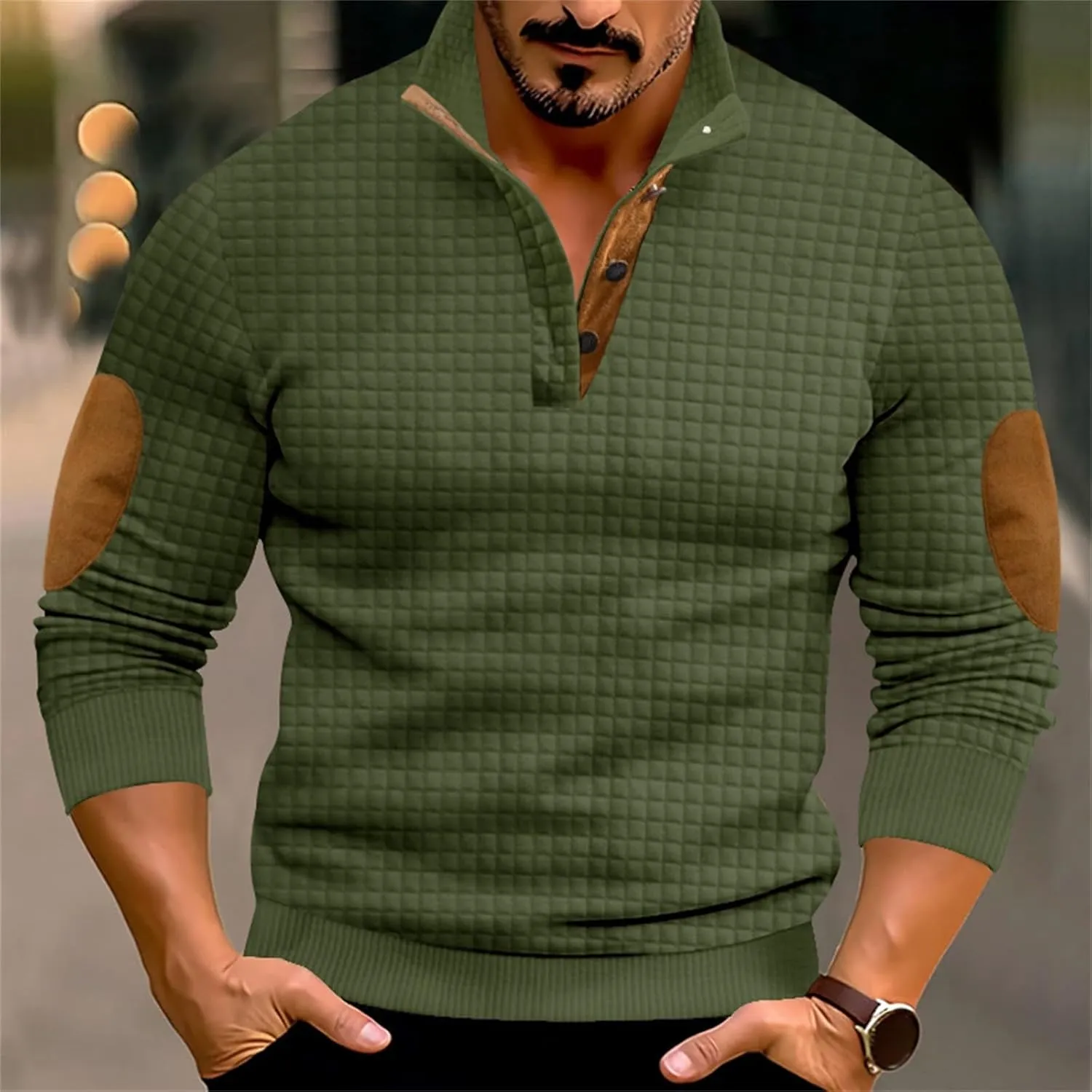 Mens Corduroy Sweatshirts Casual Lapel Collar Shirt Mock Neck Button Polo Pullover Waffle Sweater with Elbow Patches