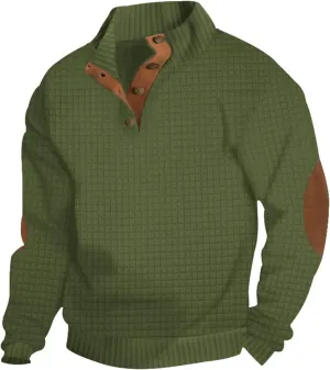 Mens Corduroy Sweatshirts Casual Lapel Collar Shirt Mock Neck Button Polo Pullover Waffle Sweater with Elbow Patches