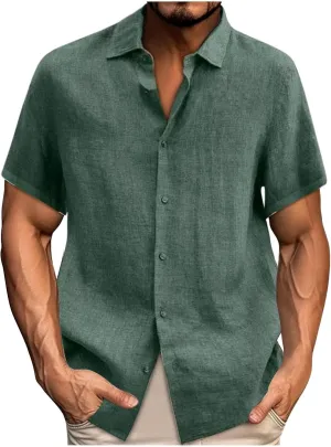 Men's Cotton Linen Button Down Shirts Short Sleeve Summer Beach Shirt Hawaiian Casual Shirt Blouse Business Tops