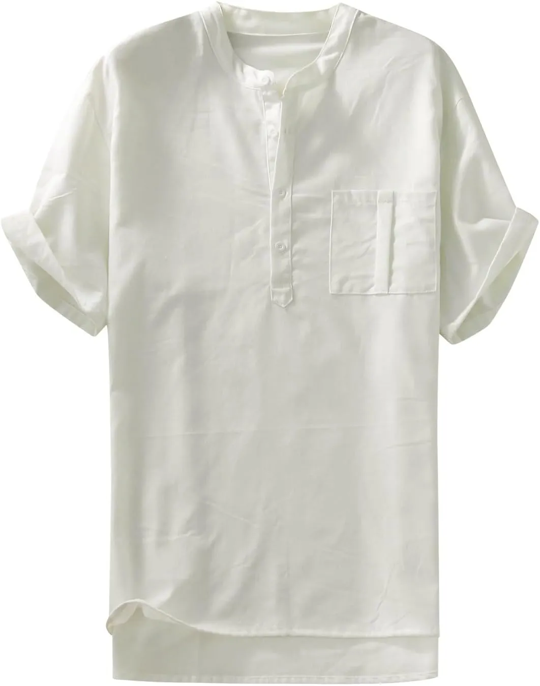 Mens Cotton Linen Henley Shirt Button Up Solid Casual Beach Hippie Baggy Tees Short Sleeve Summer Cool T-Shirts