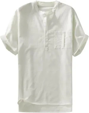 Mens Cotton Linen Henley Shirt Button Up Solid Casual Beach Hippie Baggy Tees Short Sleeve Summer Cool T-Shirts
