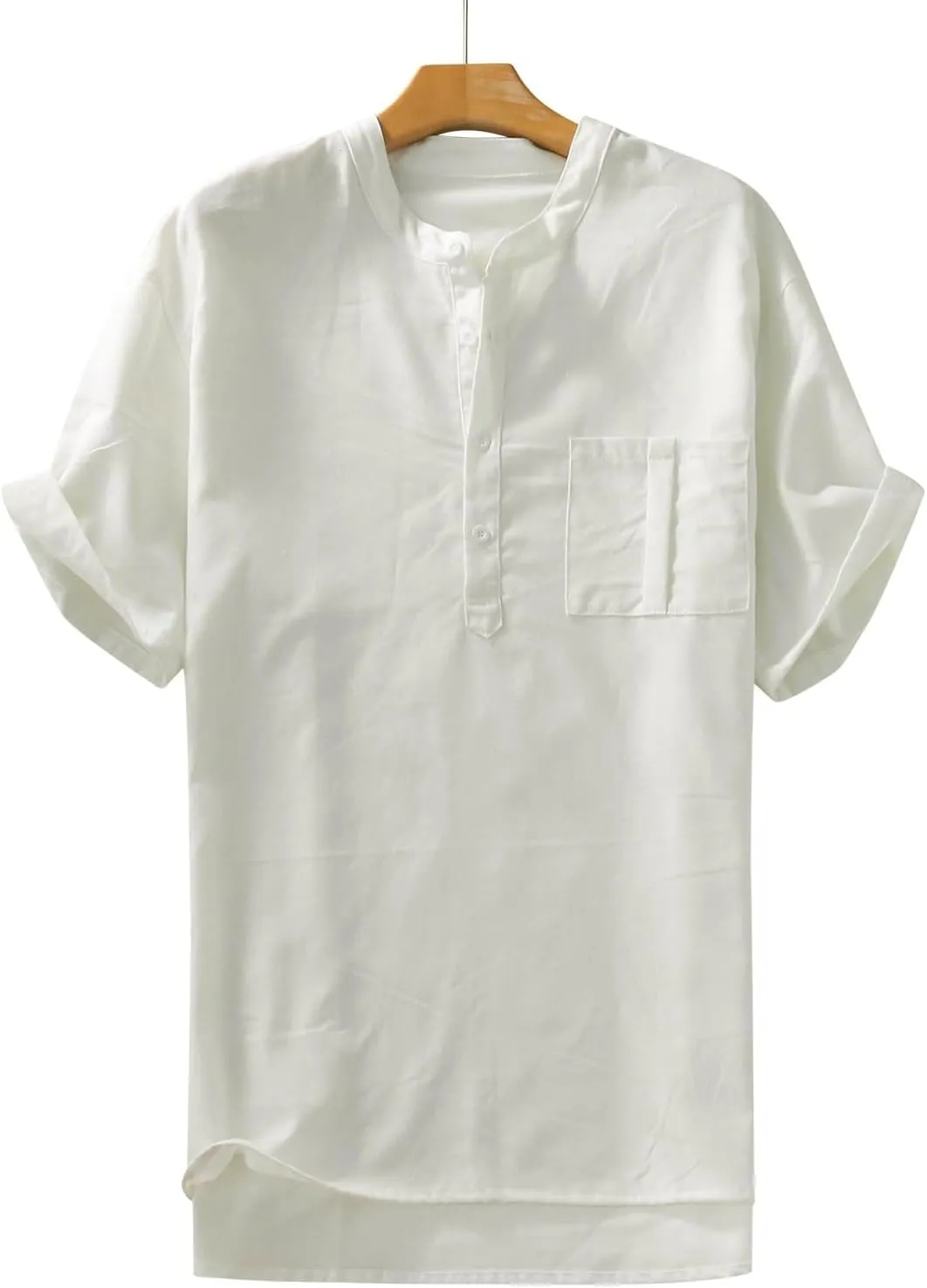 Mens Cotton Linen Henley Shirt Button Up Solid Casual Beach Hippie Baggy Tees Short Sleeve Summer Cool T-Shirts