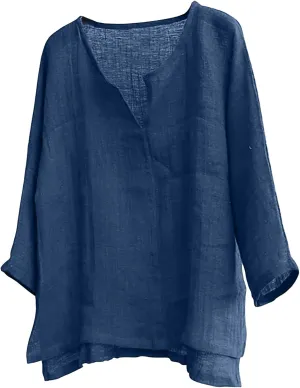 Mens Cotton Linen Henley Shirt Casual Long Sleeve T Shirt Pullover Tees V Neck Curved Hem Summer Loose Fit Beach Tops