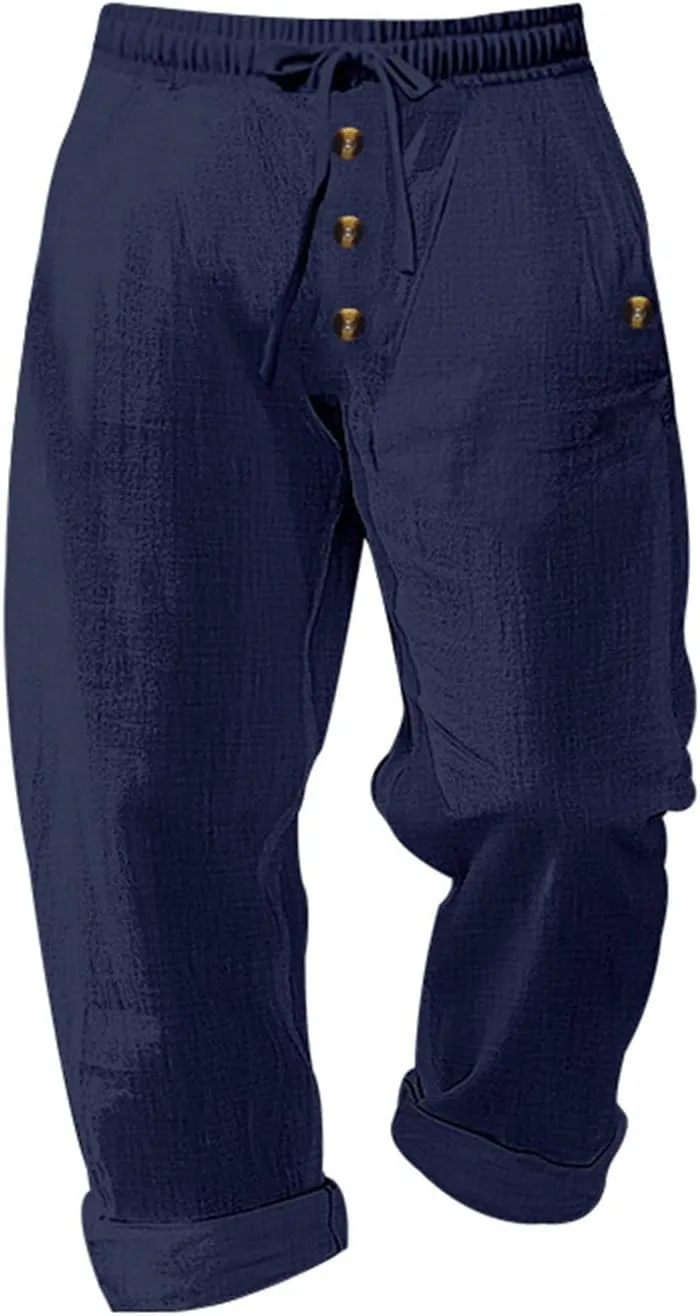 Men's Cotton Linen Pants Casual Buttoned Baggy Elastic Waist Drawstring Beach Pant Summer Stylish Boho Yoga Trousers