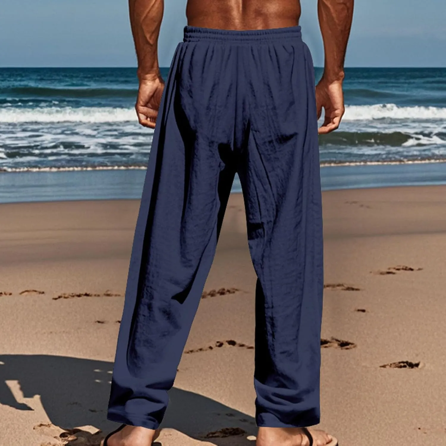 Men's Cotton Linen Pants Casual Buttoned Baggy Elastic Waist Drawstring Beach Pant Summer Stylish Boho Yoga Trousers