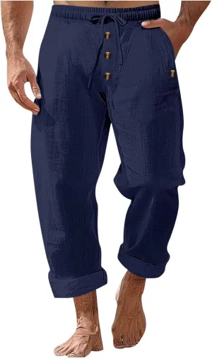 Men's Cotton Linen Pants Casual Buttoned Baggy Elastic Waist Drawstring Beach Pant Summer Stylish Boho Yoga Trousers