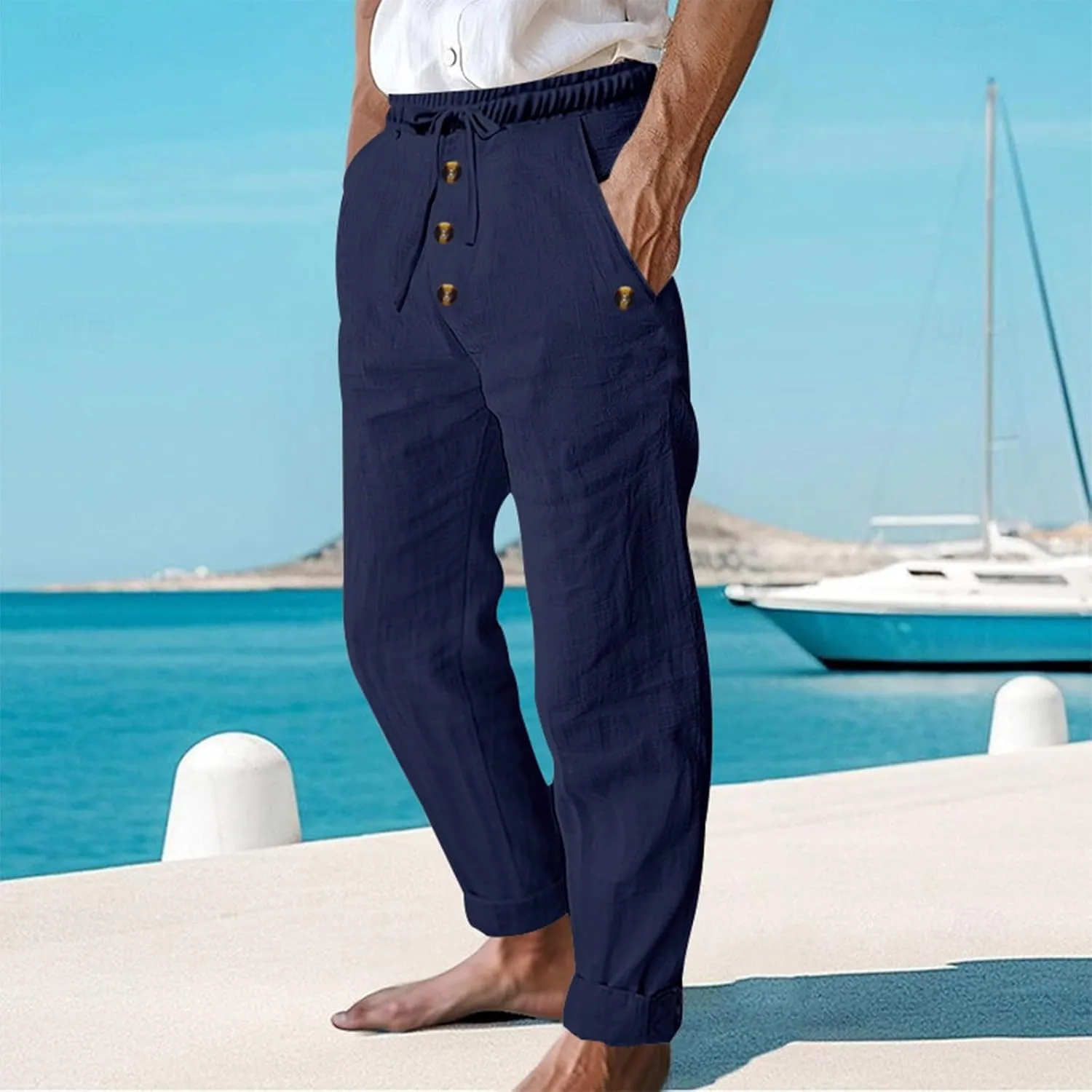 Men's Cotton Linen Pants Casual Buttoned Baggy Elastic Waist Drawstring Beach Pant Summer Stylish Boho Yoga Trousers